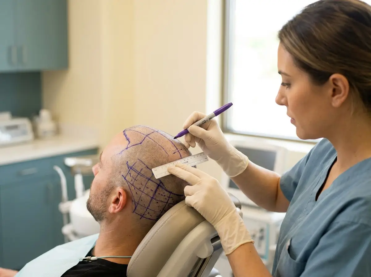 Hair transplant donor and graft planning marked on a patient's scalp