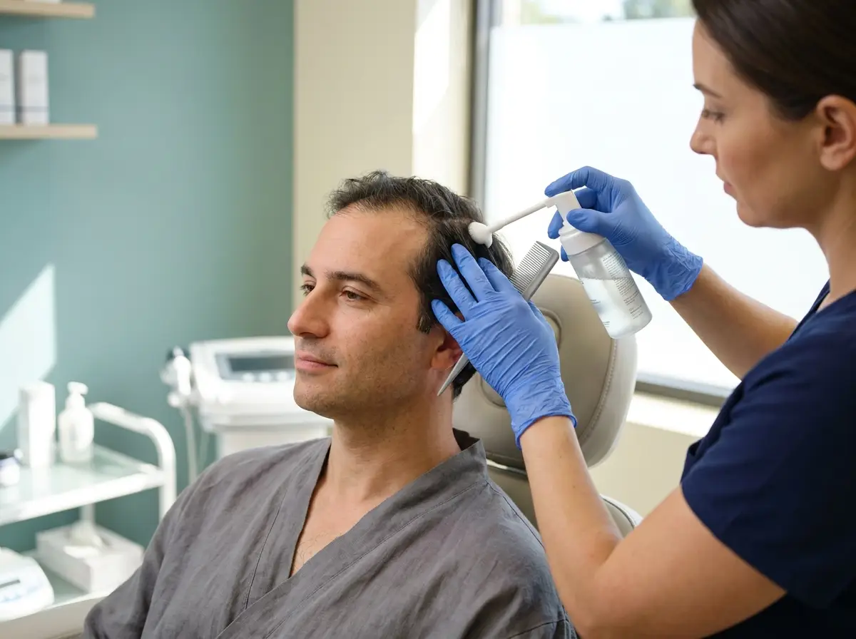 Specialist carefully examining and stabilising a patient's scalp before growth treatment
